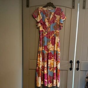 ODDY Pink, Blue & Cream Floral Tiered Maxi Dress w/pockets, size L
